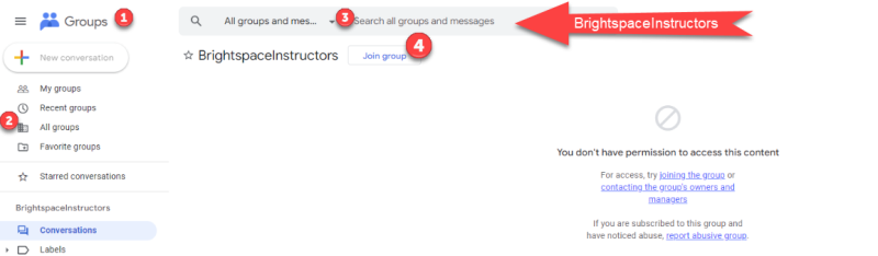 Screenshot showing steps to join Google Group - Click on Google Groups, select all groups, find the group you want to join and click Join